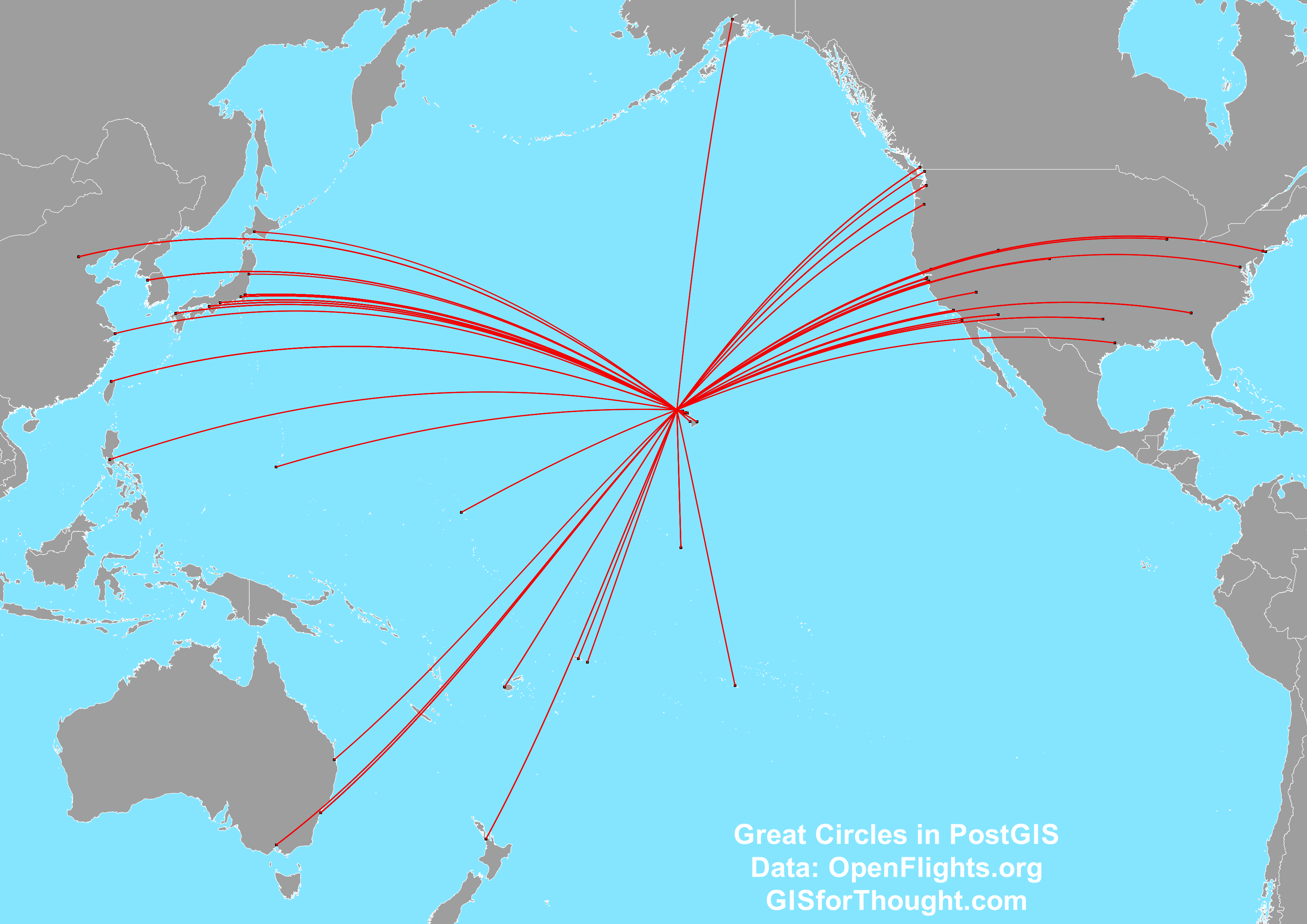 Great circle flight lines.