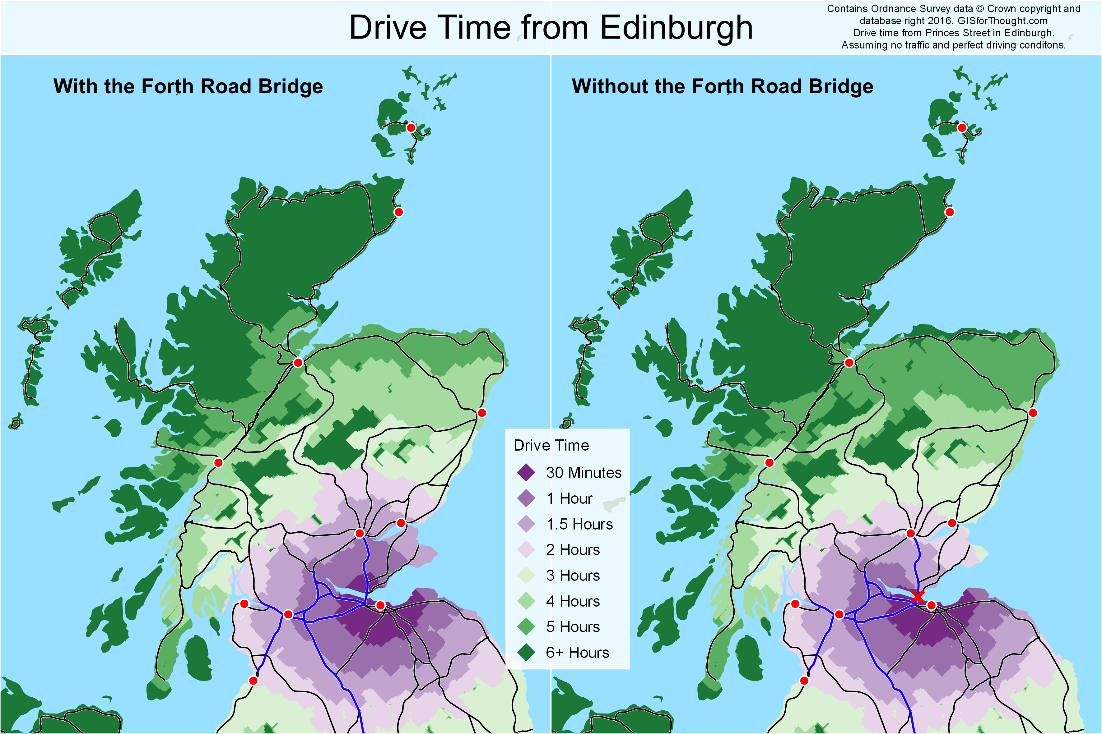 Drive time with and without the forth road bridge