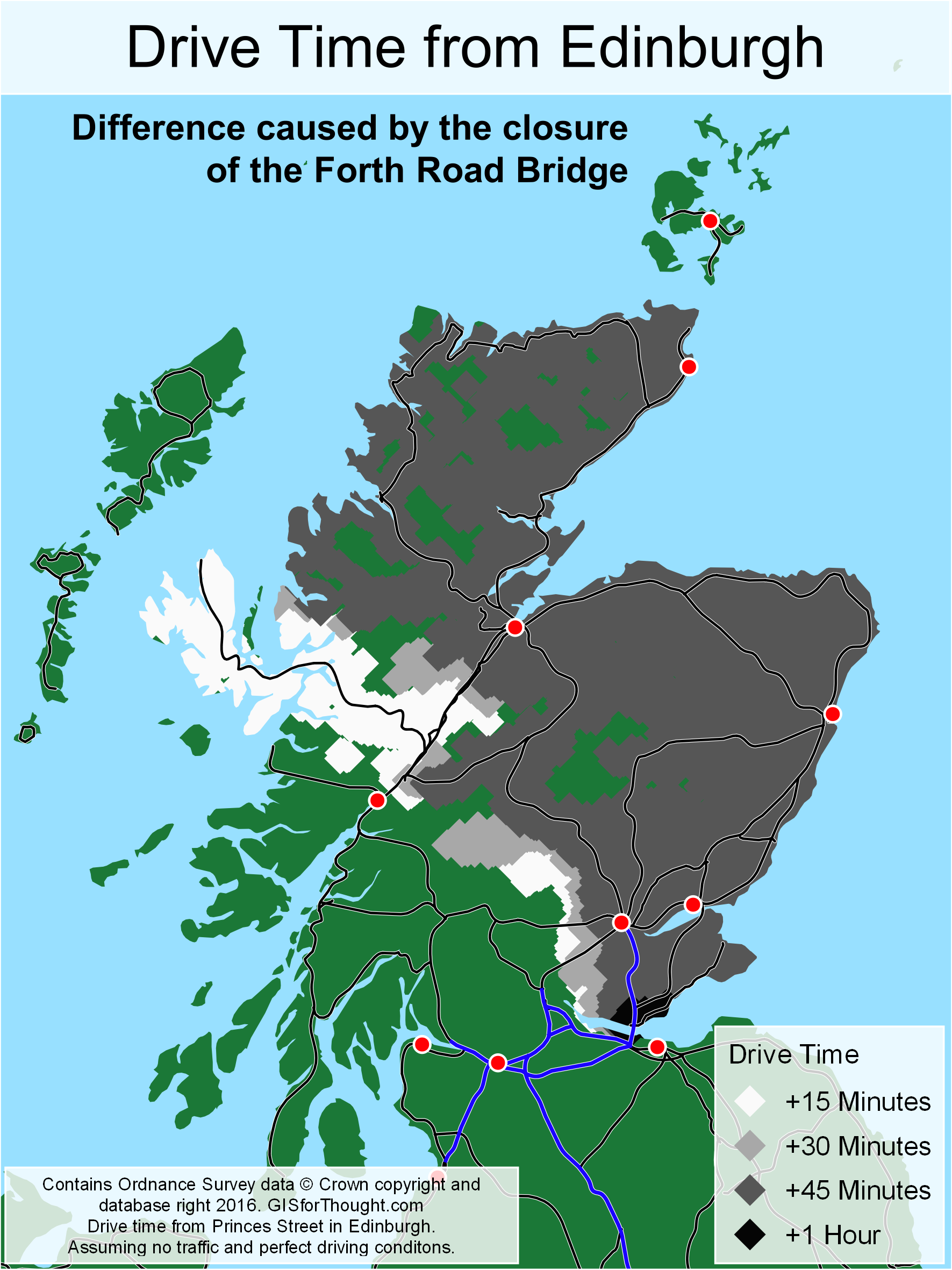 Difference the forth road bridge closue caused map